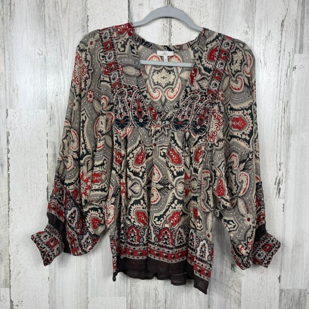 Joie 100% silk‎ top shirt balloon sleeve paisley print size XS sheer boho hippie